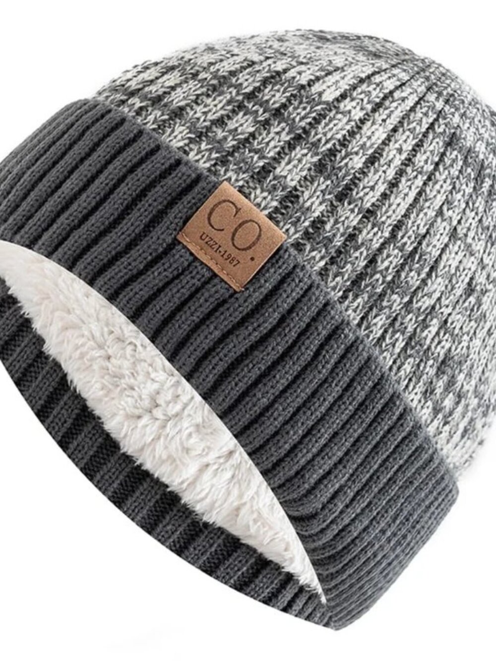 Co. Uzzi 1987 Gray & White Lined Beanie Hat Fall Winter Warm Outdoors-OS-NEW